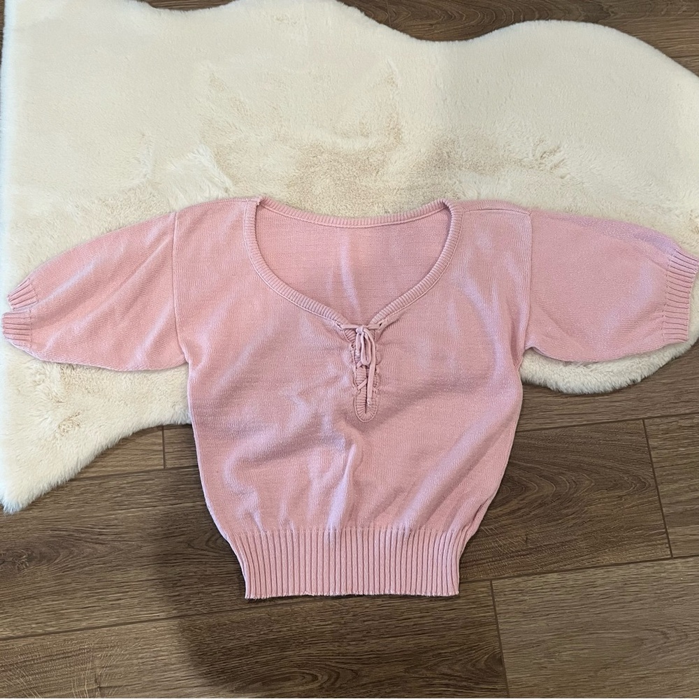 Vintage Pink Tie Front Short Sleeve Knit Sweater